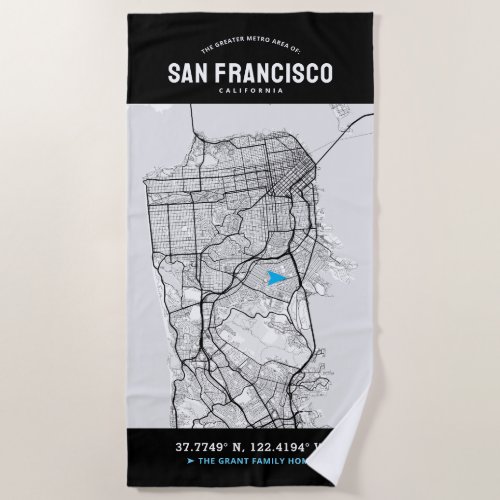 San Francisco City Map  Your Custom Location Beach Towel