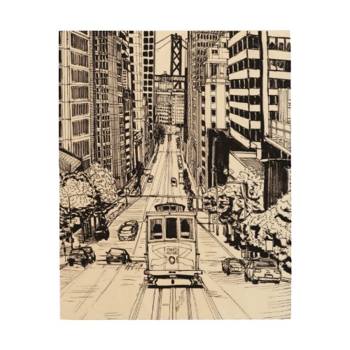 San Francisco City Pen and Ink Drawing Wood Wall Art