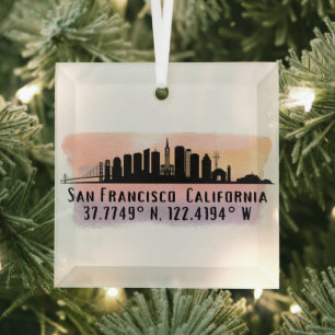 San Francisco City Skyline Latitude and Longitude Glass Ornament