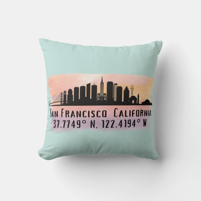 San Francisco City Skyline Latitude and Longitude  Throw Pillow (Front)