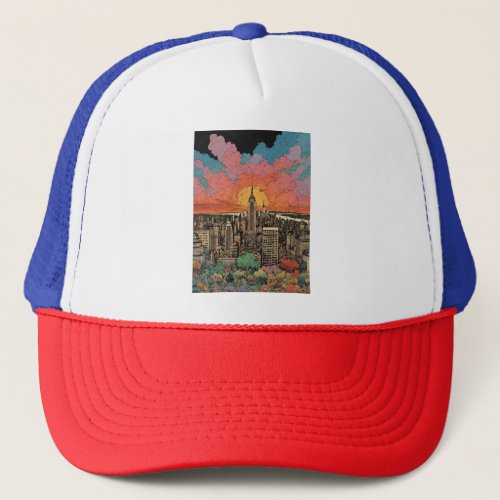 San Francisco Downtown Sunset Printed Trucker Hat