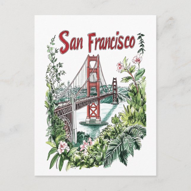 San Francisco Golden Gate Bridge Watercolor Design Holiday Postcard (Front)