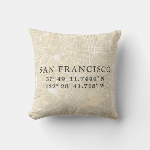San Francisco Map Coordinates   Tan Throw Pillow