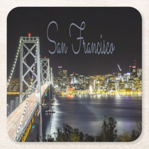 San Francisco Night Sky Line Golden Gate Bridge Square Paper Coaster