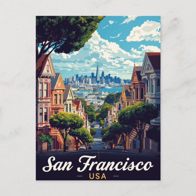 San Francisco Painted Ladies City View Postcard (Front)