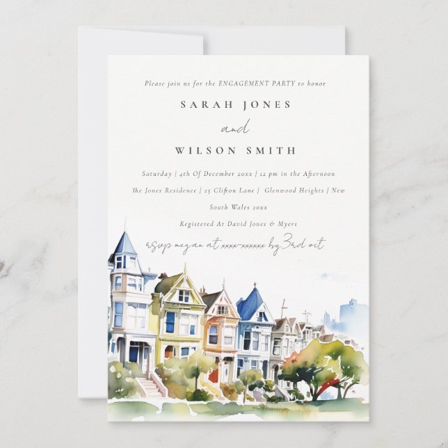 San Francisco Painted Ladies Landscape Engagement Invitation (Front)