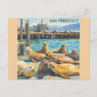 San Francisco Sea Lions Pier 39 Watercolor Postcard