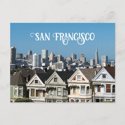 San Francisco Skyline and Painted Ladies Houses Postcard