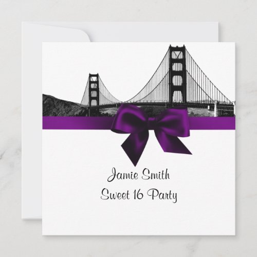 San Francisco Skyline BW Purple Sweet Sixteen SQ Invitation