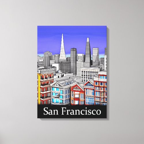 San Francisco Skyline Colored Line Art   Canvas Print