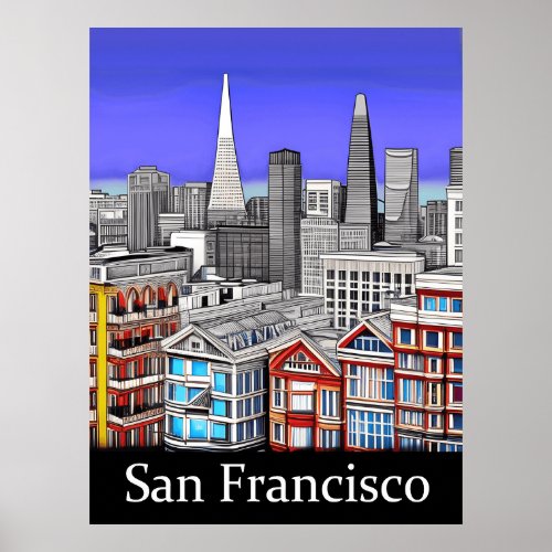 San Francisco Skyline Colored Line Art   Poster