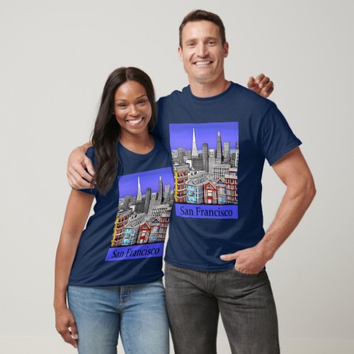 San Francisco Skyline Colored Line Art   T_Shirt