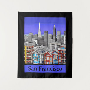 San Francisco Skyline Colored Line Art   Tapestry