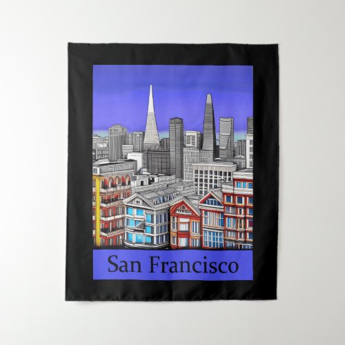 San Francisco Skyline Colored Line Art   Tapestry