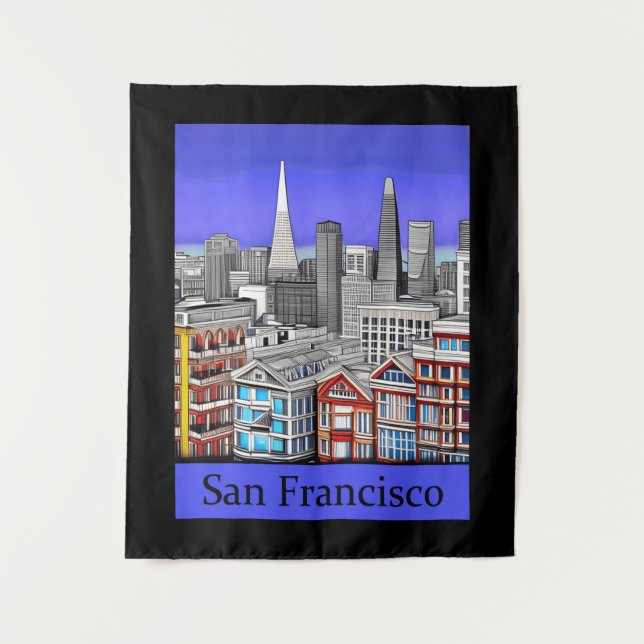 San Francisco Skyline Colored Line Art   Tapestry (Front)