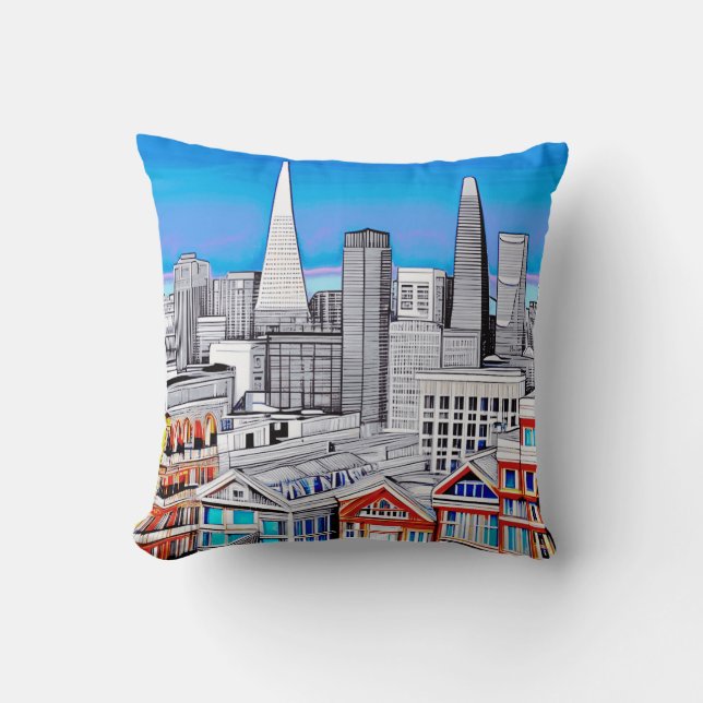 San Francisco Skyline Colored Line Art  Throw Pillow (Front)