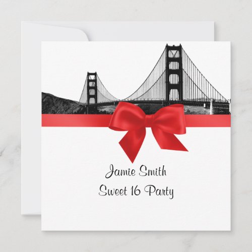 San Francisco Skyline Etch BW Red Sweet Sixteen SQ Invitation