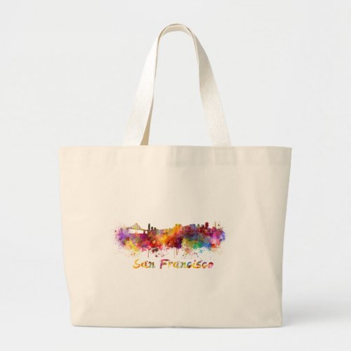 San Francisco skyline in watercolor background Large Tote Bag