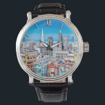 San Francisco Skyline Poster Art  Watch<br><div class="desc">Watch in an illustration of the city of San Francisco,  in bright primary colors paired with black and white line art</div>
