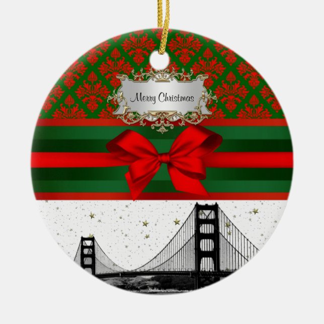San Francisco Skyline Red Green Damask #2 Bow Xmas Ceramic Ornament (Front)