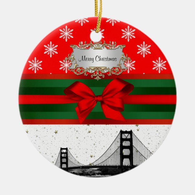 San Francisco Skyline Red Snowflake Christmas Ceramic Ornament (Front)