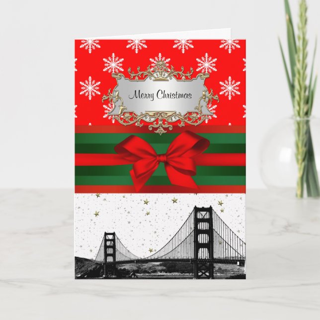 San Francisco Skyline Red Snowflake Christmas Holiday Card (Front)
