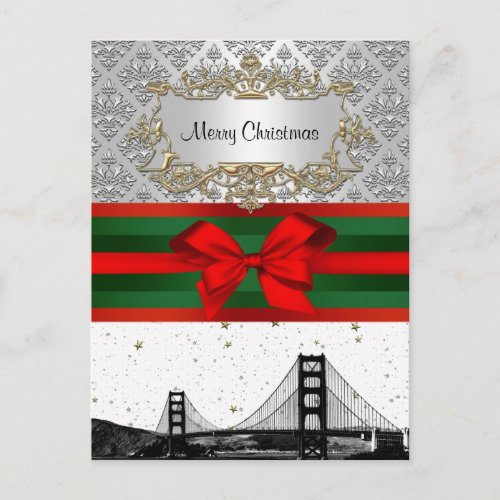 San Francisco Skyline Silver White Damask 3 Xmas Holiday Postcard
