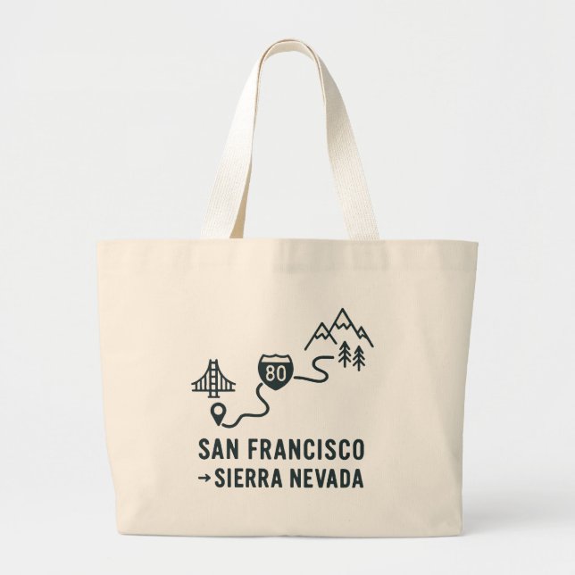 San Francisco to Sierra Nevada Route Design Large Tote Bag (Front)