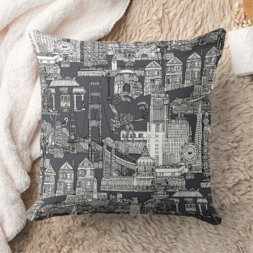 San Francisco toile black iron gray Throw Pillow