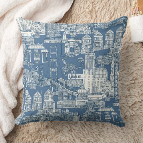 San Francisco toile cobalt denim Throw Pillow