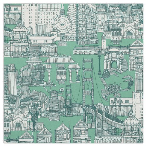 San Francisco toile dark teal peppermint Fabric