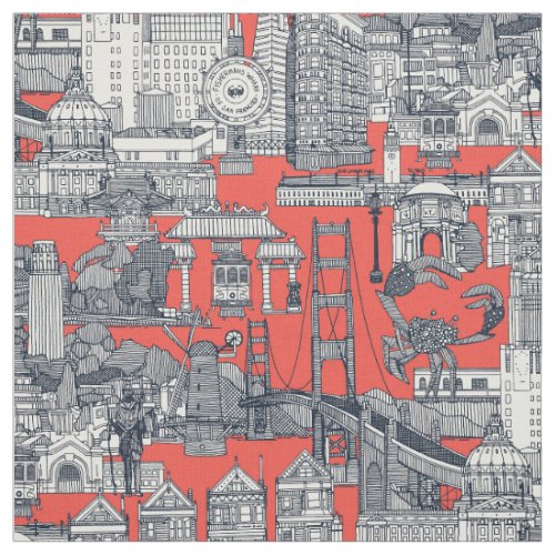 San Francisco toile indigo red Fabric