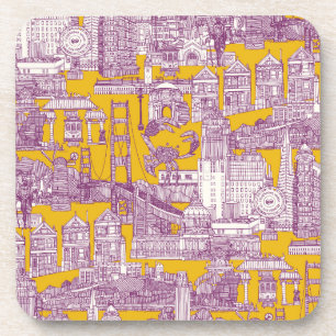 San Francisco toile purple yellow Beverage Coaster