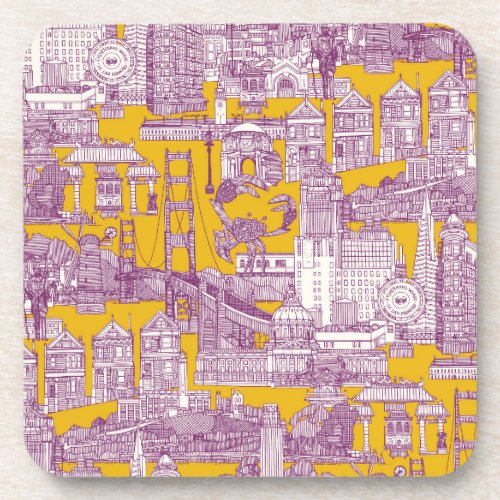 San Francisco toile purple yellow Beverage Coaster