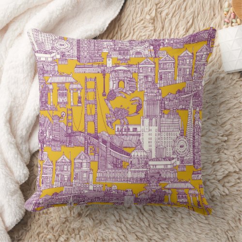 San Francisco toile purple yellow Throw Pillow