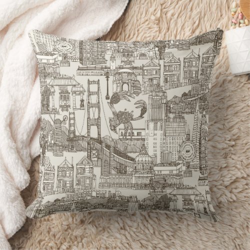 San Francisco toile tea brown strong white Throw Pillow