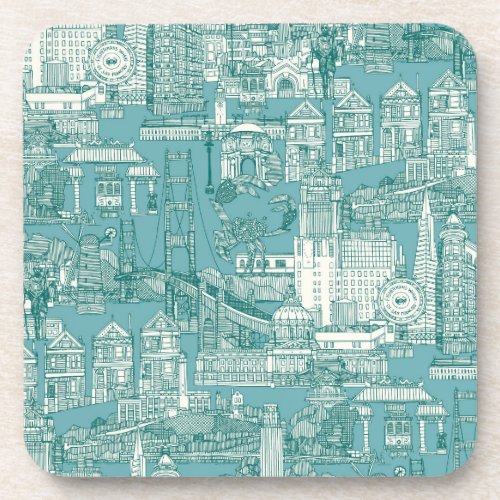 San Francisco toile viridian turquoise blue Beverage Coaster