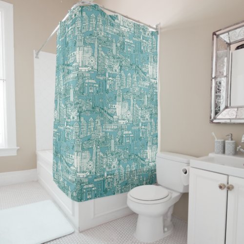 San Francisco toile viridian turquoise blue Shower Curtain