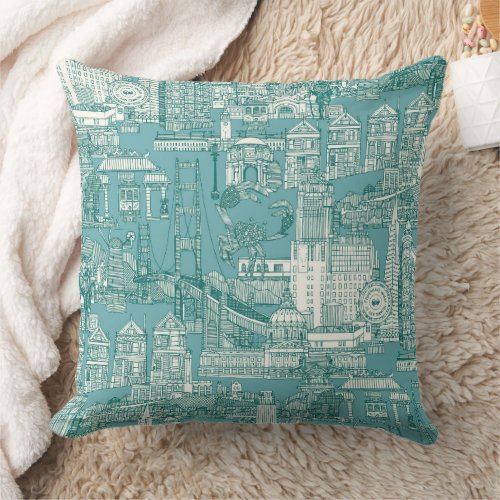 San Francisco toile viridian turquoise blue Throw Pillow