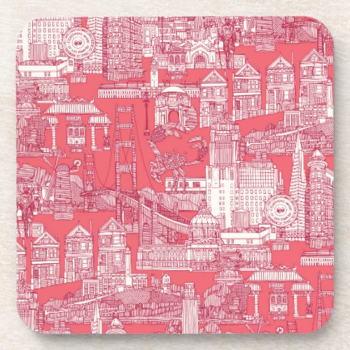 San Francisco toile viva magenta rose pink Beverage Coaster