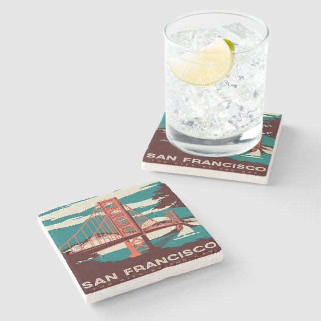 San Francisco Vintage Style Golden Gate Bridge Stone Coaster (Side)