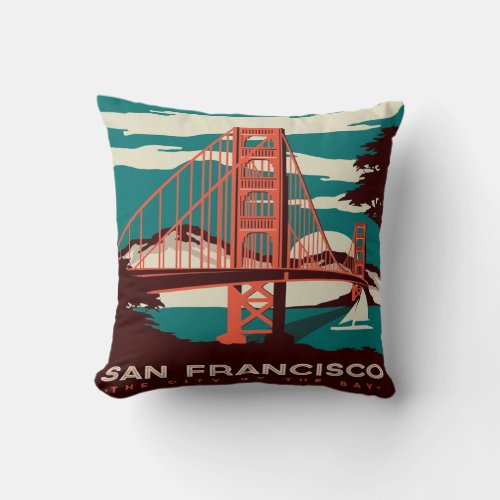 San Francisco Vintage Style Golden Gate Bridge  Throw Pillow