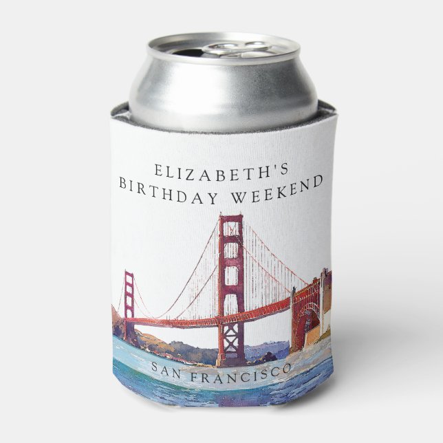 San Francisco Watercolor Birthday Weekend Can Cooler (Can Front)