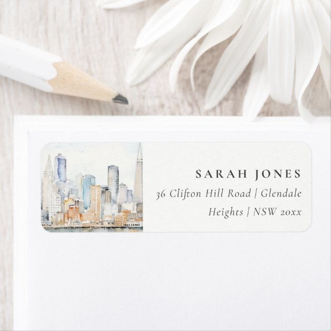 San Francisco Watercolor Landscape Wedding Label (Insitu)