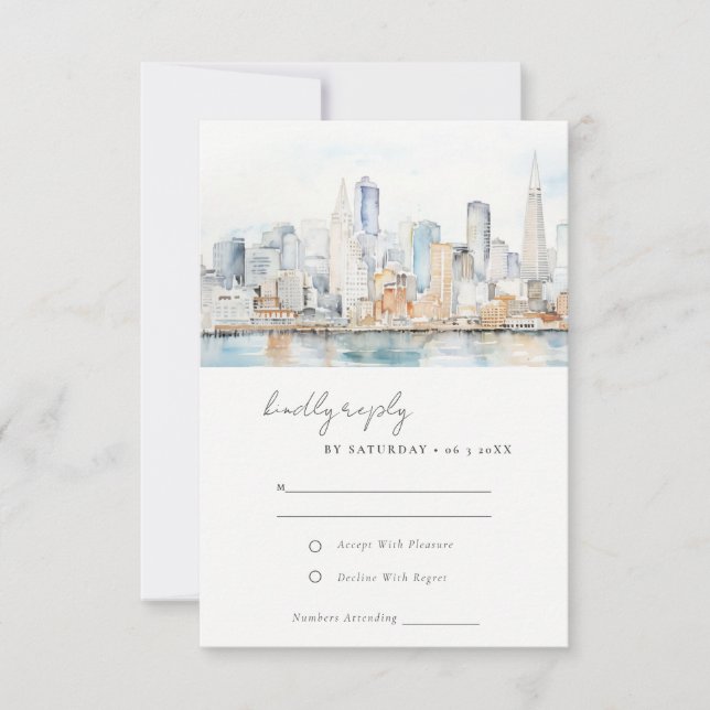 San Francisco Watercolor Landscape Wedding RSVP Card (Front)