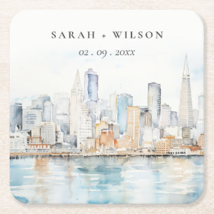 San Francisco Watercolor Landscape Wedding Square Paper Coaster