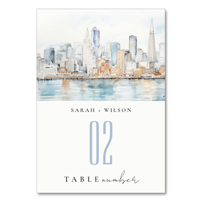 San Francisco Watercolor Landscape Wedding Table Number (Front)