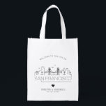 San Francisco Wedding | Stylized Skyline Grocery Bag<br><div class="desc">A unique wedding bag for a wedding taking place in the beautiful city of San Francisco.  This bag features a stylized illustration of the city's unique skyline with its name underneath.  This is followed by your wedding day information in a matching open lined style.</div>