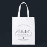 San Francisco Wedding | Stylized Skyline Grocery Bag<br><div class="desc">A unique wedding bag for a wedding taking place in the beautiful city of San Francisco.  This bag features a stylized illustration of the city's unique skyline with its name underneath.  This is followed by your wedding day information in a matching open lined style.</div>