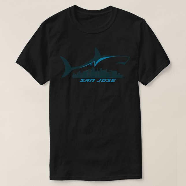 San Jose City Skyline With Shark Above Shark City  T-Shirt (Design Front)